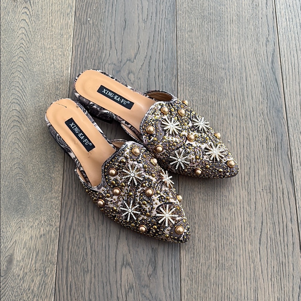 Women's Embellished Mules - Black and Gold